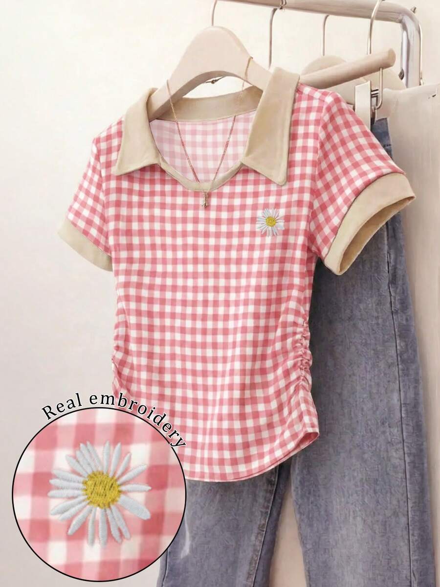 Resyla 粉色格子数码印花时尚简约女式修身Polo领T恤，送朋友的礼物 - 白色 - 查看 1