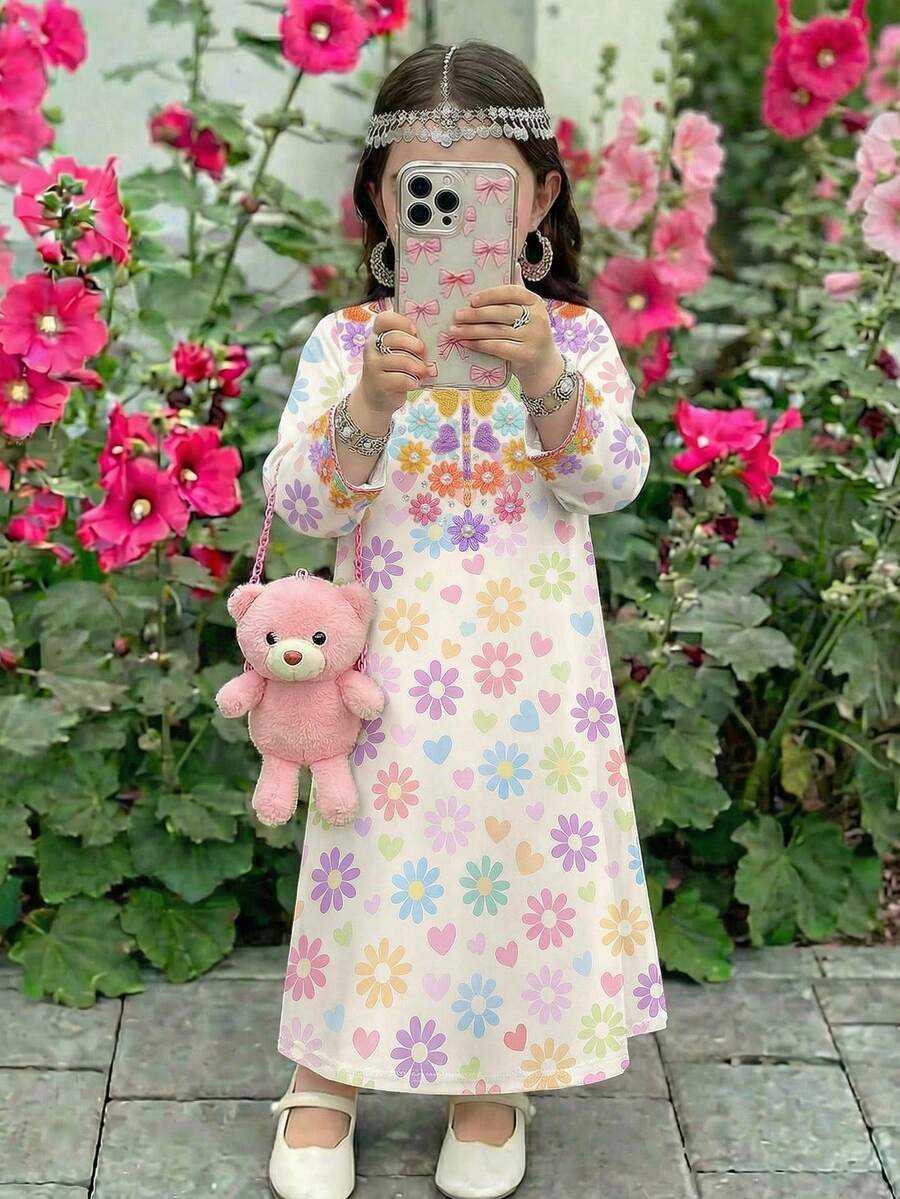 SHEIN Vestido de manga larga con estampado de flamenco para niña joven, estilo de vacaciones, vestido árabe floral rosa para niñas jóvenes en otoño, elegante cuello floral, vestido árabe de manga larga casual y sencillo, adecuado para usar en primavera y verano, elegante y digno vestido de manga larga, bata de oración, cómodo y casual, estilo de vacaciones, digna bata kaftan, bata árabe para niños, ropa pakistaní jalabiya para niñas jóvenes - Multicolor - Ver 1