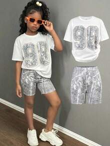 少女日常休闲圆领数字印花上衣和印花短裤套装 - 彩色 - 查看 1