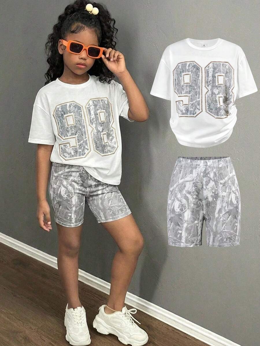 少女日常休闲圆领数字印花上衣和印花短裤套装 - 彩色 - 查看 1