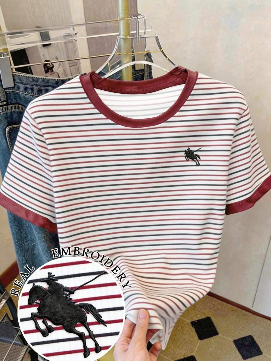 Resyla Women's Casual Striped Embroidered Short Sleeve T-Shirt, Summer - Red - View 1