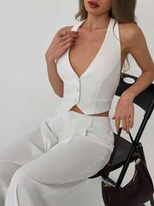 Aloruh 女士优雅通勤系带露背背心，高腰阔腿长款套装 - 白色 - 查看 7