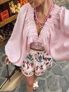 Selianne Women's Two Pieces Set,Pink And White V-Neck Lantern-Sleeve Top & Bohemian Printed Shorts,Boho Holiday Picnic Autumn Leisure Vacation Spring Summer - Multicolor - View 3