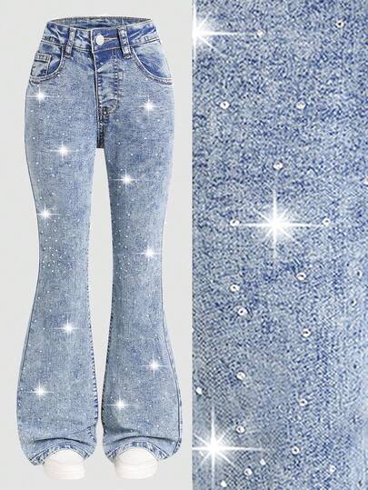 SHEIN ChillGRL Girls' Y2K Rhinestone Embellished High Waist Flared Distressed Denim Jeans, Retro Vintage Washed Elastic Skinny Fit Flare Leg Jeans, Suitable For Holiday, Casual Outdoor Wear