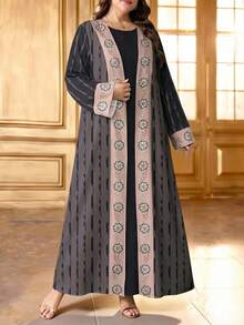 SHEIN Najma Robe femme grande taille à imprimé floral et végétal, rayures irrégulières. Robe de style arabe élégante. Cardigan long mode, veste maxi à manches longues. Vêtements asiatiques, printemps/automne - Multicolore - Voir 3