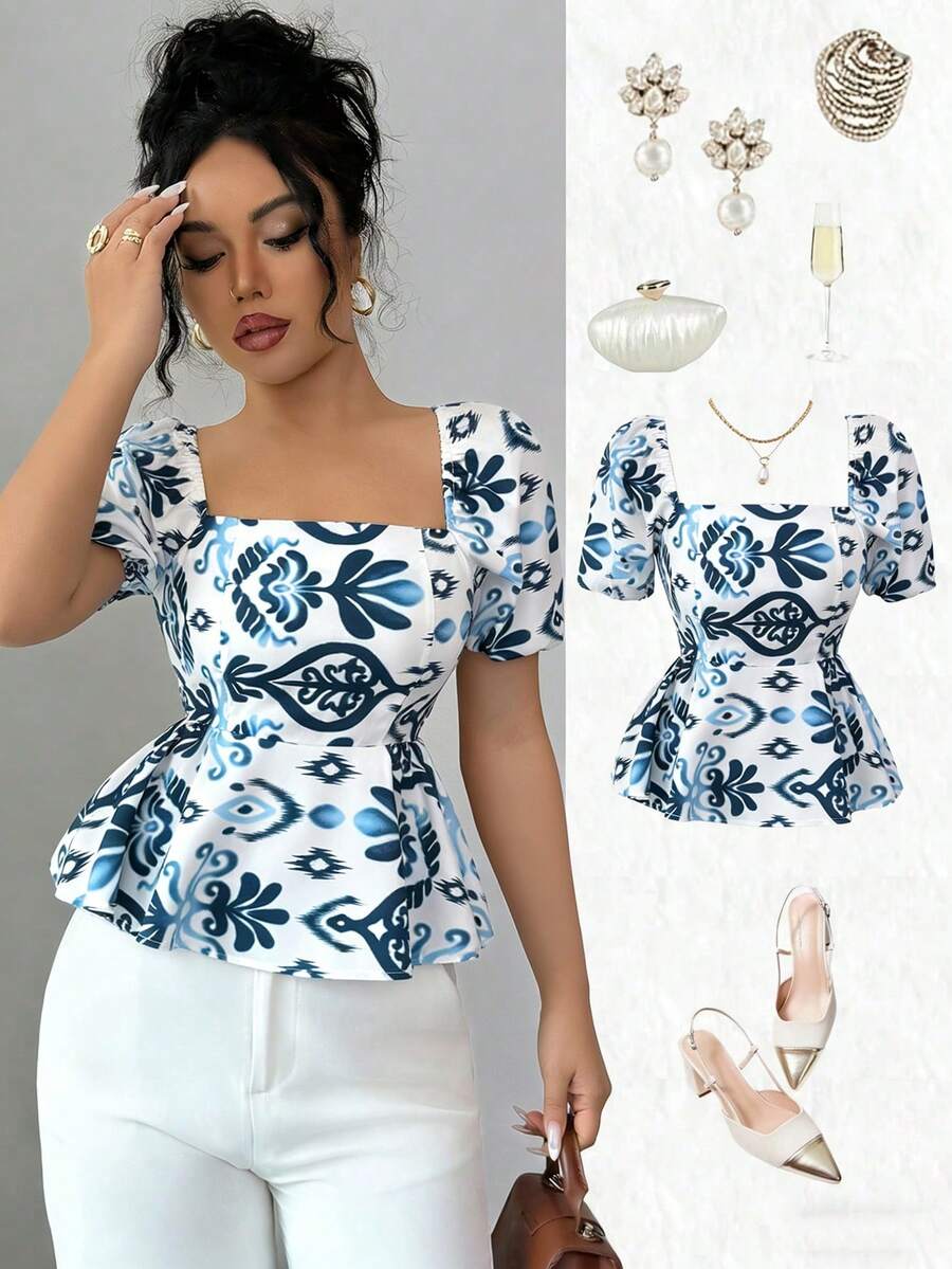SHEIN Elenzya Women's White And Blue Floral Square Collar Puff Sleeve Waist Cinched A-Line Blouse,Elegant Summer Tea Party French Retro Short Sleeve Fashion Top - Multicolor - View 1