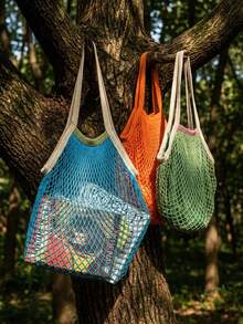 Joivida 1Pc Cotton Mesh Shopping Tote With Lining, Large Shoulder Bag For Supermarket, Travel & Beach, Reusable Storage Bag - multicolor - View 1