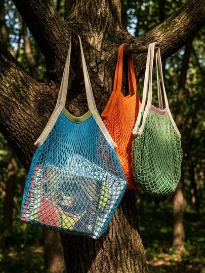 Joivida 1Pc Cotton Mesh Shopping Tote With Lining, Large Shoulder Bag For Supermarket, Travel & Beach, Reusable Storage Bag