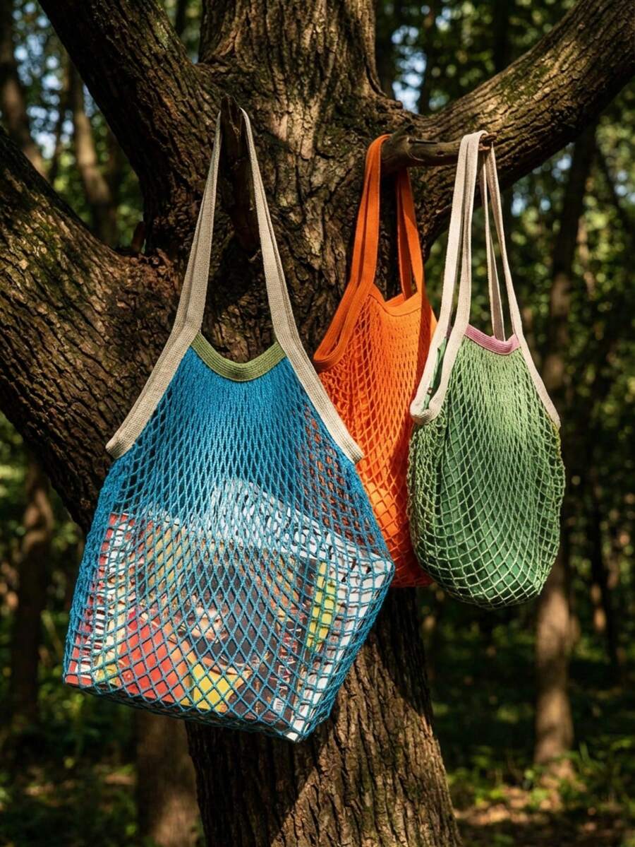 Joivida 1Pc Cotton Mesh Shopping Tote With Lining, Large Shoulder Bag For Supermarket, Travel & Beach, Reusable Storage Bag - multicolor - View 1