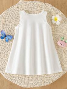 SHEIN Playful Pals Baby Girls' Cute Rabbit & Floral Print Sleeveless Dress, Spring/Summer - White - View 2