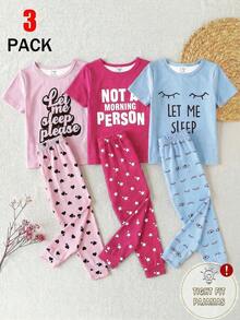 6pcs Girls Toddler Snug Fit Pajama Set, Round Neck Short Sleeve Top Paired With Pants, Heart & Star Print, Soft Stretchy Knit Fabric, Pink & Light Blue - Multicolor - View 1