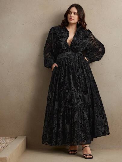 Anewsta Elegant Fashion Women's Lantern Sleeve Velvet Fabric Semi-Sheer Embroidered Skirt Suit