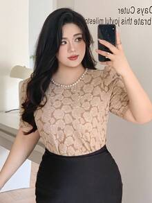 Dazy Plus Plus Size Women Floral Print Puff Sleeve Elegant Spring/Autumn T-Shirt, Suitable For Party - Khaki - View 2