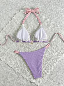 Swim Mod 女士夏季沙滩撞色露背系带性感比基尼泳衣套装 - 彩色 - 查看 2