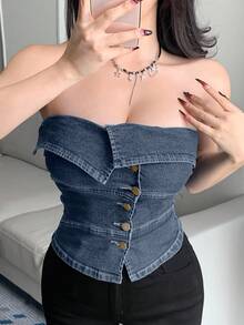 DAZY 夏季性感修身露脐上衣，不对称领口和抹胸设计，女士款 - 霧霾藍 - 查看 2