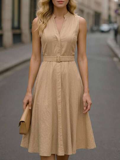 Editum Women's Notched Neck Sleeveless Cinched Waist A-Line Midi Dress, 100% Cotton Elegant Casual Commuter Dress For Spring & Summer V-Neck, Sleeveless, Camel Or Solid Khaki, Textured Fabric, 100% Cotton, Belted, A-Line Silhouette, Midi Dress, Women's Spring/Summer Wear, Office Wear, Elegant Everyday Wear, Fashionable Commuting Style. Button Dress Beige Dresses For Women Light Brown Dress French Style Dress Tan Dress Women