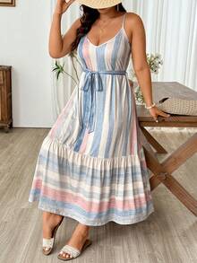 Weeklong Plus Size Women Casual Striped Spaghetti Strap Elastic Comfortable Dress - Multicolor - View 1