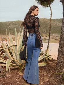 WESTFADE Jeans de pierna acampanada de mezcla de algodón con cordones en la parte trasera de talle alto, para primavera, verano, vacaciones, resort, lindo, casual, bohemio, Nashville, vaquera, Stagecoach, Coachella, festival, ropa de estilo occidental - Azul lavado medio - Ver 1