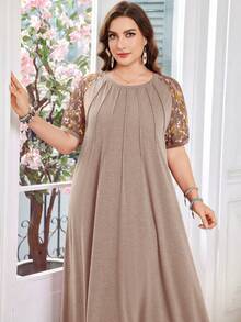 Lacomfia Women's Round Neck Short Sleeve Lace Floral Print Patchwork Trim Casual Loose Comfortable Versatile Plus Size Dress - Brown - View 7
