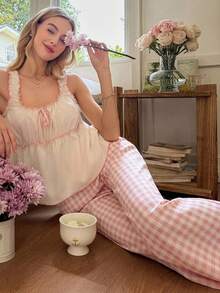 SHEIN Women's Romantic Plaid Pants + Frill Trim Square Neck Camisole 2 Pieces Pajama Set - Apricot - View 3