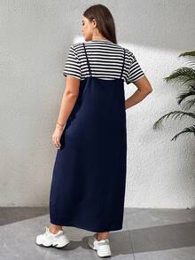 SHEIN Essnce Terno casual feminino plus size, vestido de duas peças, duas peças feminino, terno de verão, roupas para shows, roupas para sair, roupa para shows country de verão - Azul marinho - Ver 2