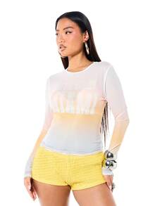 SUMWON WOMEN Top corto de manga larga con degradado multicolor, estampado escénico y cuello redondo para mujeres, moda casual de otoño - Multicolor - Ver 4