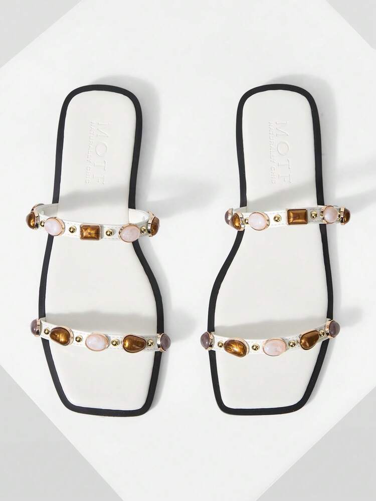 SPRING AND SUMMER NEW OUTDOOR WOMEN'S FLAT BOTTOM SQUARE TOE RHINESTONE SIMPLE SLIPPERS WOMEN'S THICK BOTTOM NON-SLIP OPEN-TOED CASUAL VERSATILE BEACH COOL SLIPPERS
