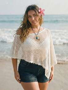 SHEIN ICON 大码性感薄纱沙滩罩衫，米色水溶蕾丝边钩编薄纱罩衫（女士款） - 米色 - 查看 2