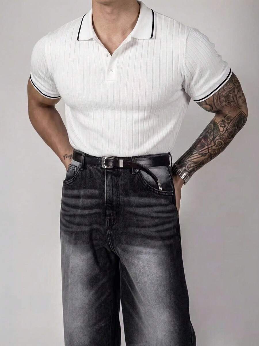 Manfinity Unisex Áo polo nam tay ngắn thêu chữ, kiểu dáng thường ngày, thích hợp đi làm. - trắng - Xem 1