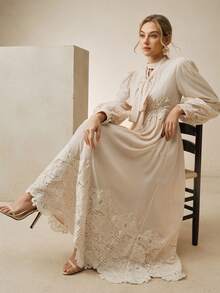 Anewsta Đầm ren phối ren hiện đại, thanh lịch, cổ đứng, thắt nơ, tay phồng. - Màu be - Xem 6
