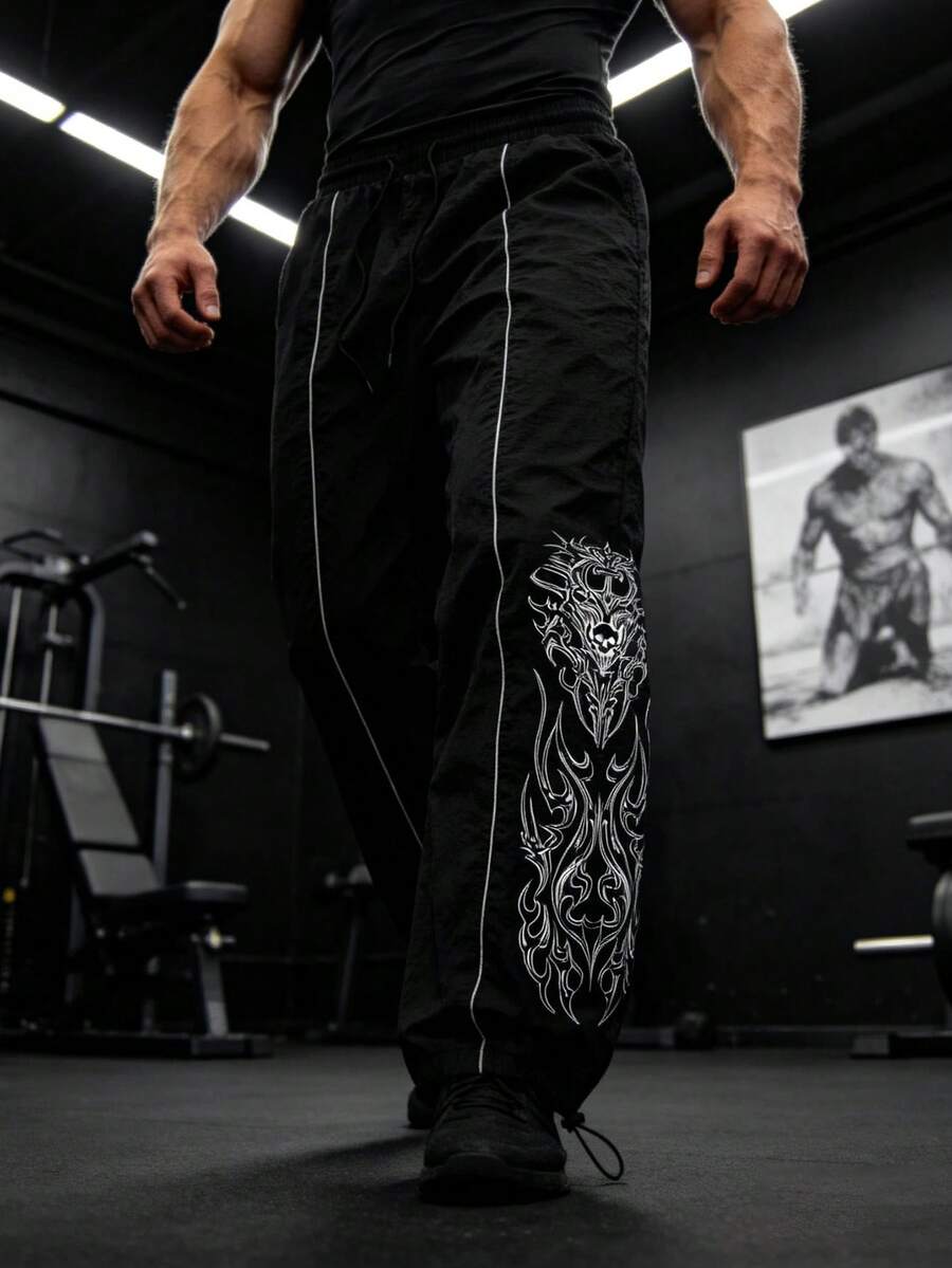 GymBeat Men's Fashion Printed Contrast Trim Sports Pants - Black - View 1