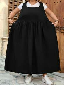SHEIN CURVE+ Đầm dài dáng rộng màu đen bằng cotton có túi, size US22, thích hợp cho lễ hội âm nhạc, kỳ nghỉ bên bờ biển, phong cách Bohemia dành cho nữ. - màu đen - Xem 5