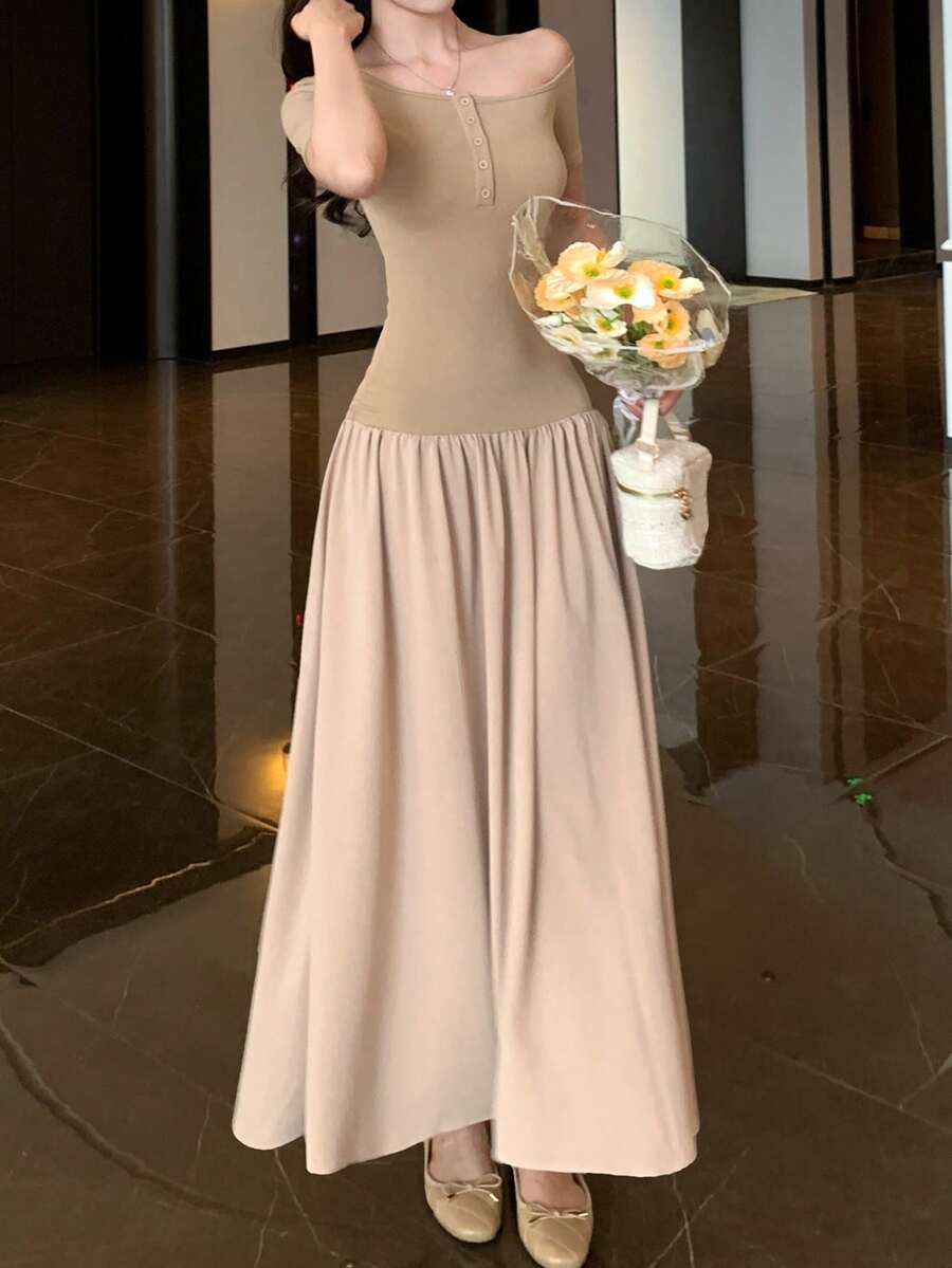 DAZY 女士纽扣前开襟短袖休闲中长连衣裙 - 卡其色 - 查看 1