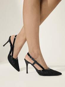 CUCCOO CHICEST 女鞋尖头细高跟黑色网面简约露跟女鞋派对宴会简约时尚优雅性感女式高跟鞋 - 黑色 - 查看 7