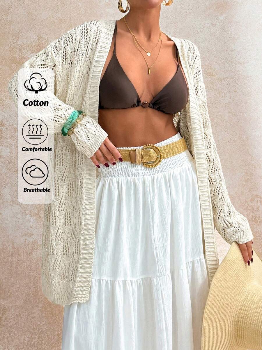 EURMUSE Beige Open Knit Cardigan With Hollow Textured Pattern And Relaxed Fit Long Sleeves For Breezy Spring Layering - White - View 1