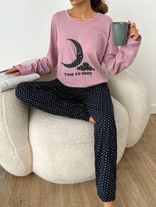 Loomlin 2pcs Cotton Contrast Colour Moon Printed Shirt And Star Printed Sleep Bottom PJ Set - Purple - View 1