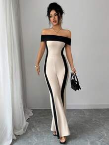 Rafferiza 女款優雅黑米色夏季露肩寬腿連身褲，拼色彈性腰身，適合派對、夜晚、度假、婚禮、畢業典禮穿著 - 杏色 - 查看 8