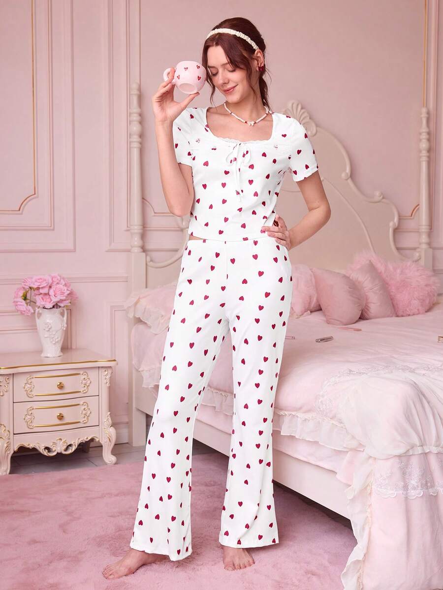 Bonmuse Women's Casual Heart Print Square Neck Tight Top And Flare Pants Pajama Set Cute Lounge Set Summer Lounge Sets Women Women Lounge Sets Heart Pajama Set Pajama Sets For Women Women Lounge Sets - Multicolor - View 1