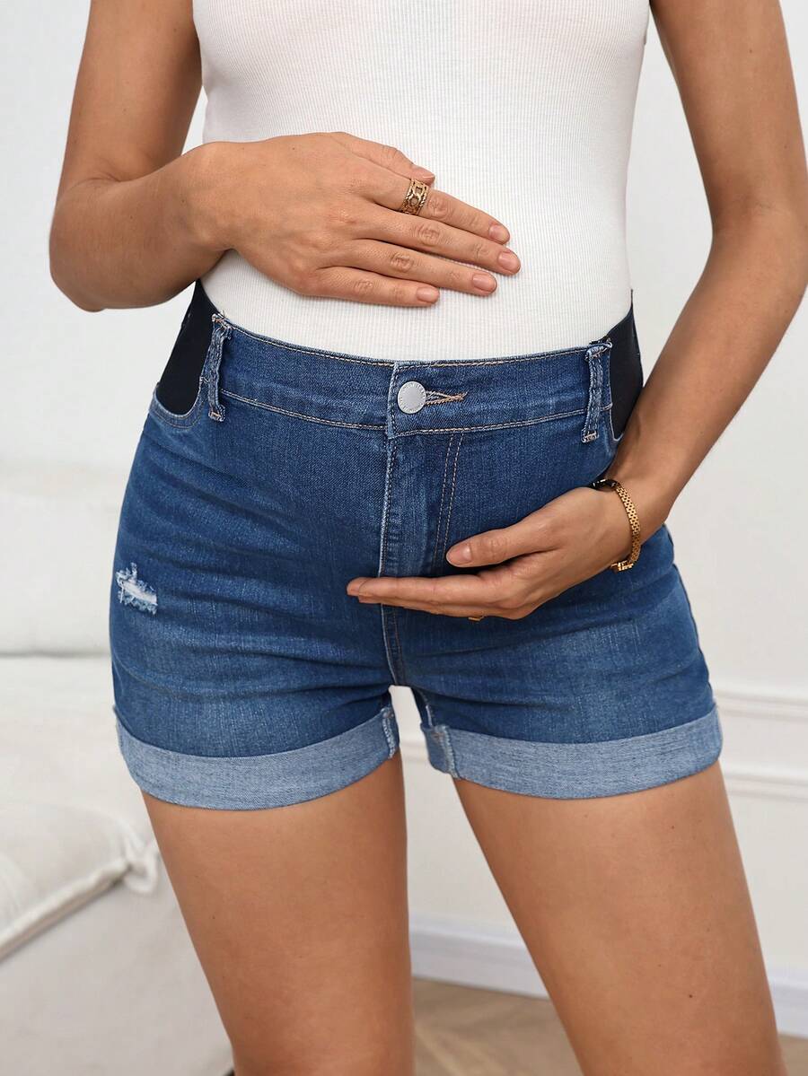 SHEIN 孕妇夏季休闲水洗做旧牛仔短裤 夏季嘉年华服装 通勤 度假 毕业季 时尚 Y2K 可爱街头风 俏皮派对 婚礼 优雅 商务休闲 女士加大码 船领牛仔连衣裙 短袖 松紧腰 迷你裙长 休闲舒适 - 藍色 - 查看 1