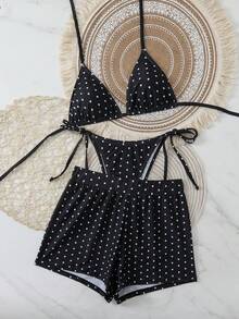 Swim Vcay 女士三件套热带波点印花露背系带裤侧系带宽松短裤沙滩度假休闲派对比基尼套装 - 彩色 - 查看 1