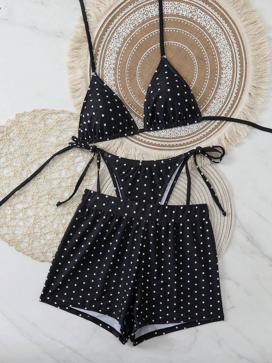 Swim Vcay 女士三件套热带波点印花露背系带裤侧系带宽松短裤沙滩度假休闲派对比基尼套装 - 彩色 - 查看 1