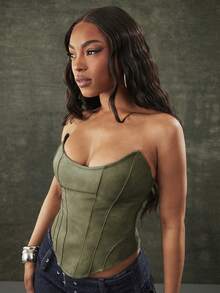 Denimoi Top Corselet de Couro Sintético com Decote Redondo e Cadarço, Tops Sexy para Noite com Amigos, Roupa de Balada, Corselet de Couro - Verde Oliva - Visão 4