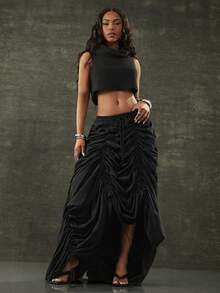 Denimoi High Neck Sleeveless Crop Top Fold Over Neck Top Fashionable GNO Date Night - Black - View 2