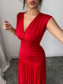 Elenzga Women's Red Summer Elegant Party V-Neck Sleeveless Dress,Side Elastic Ruched Waist Splice Mesh Hem,Sophisticated Formal Occasions Birthday Outfit - Fiery Red - View 3