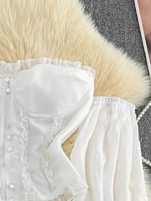 Franclia French Retro Pink Ruffle Off Shoulder Faux Pearl Button Flare Sleeve Cropped Top - White - View 6