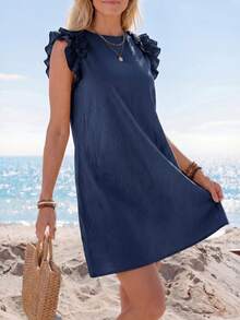 Sylviya Holiday Woven Solid Color Ruffle Decorated Mini Dress With Integrated Strap For Women - Navy Blue - View 4