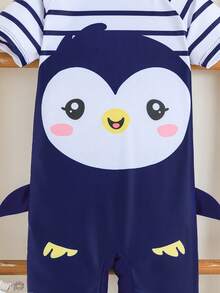 SHEIN Young Boy Cartoon Penguin Striped Print Raglan Short Sleeve Beach Romper - Multicolor - View 5