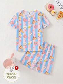 Set pigiama a 2 pezzi da ragazza, con maglia a girocollo a maniche corte e pantaloncini, in tessuto morbido ed elastico, con stampe di pizza, ciambelle e gelato, a righe, stile carino e dolce - Multicolore - Visualizzare 6