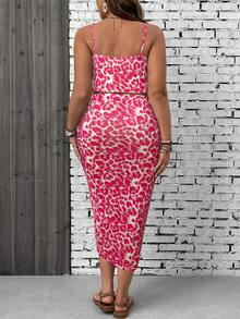 SHEIN VCAY Plus Size Leopard Print Camisole And Slit Skirt 2 Pieces Set - Hot Pink - View 2