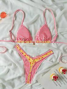 Swim Mod 2件套随机花卉印花金色圆盘装饰挂脖三角文胸和高衩丁字裤性感比基尼泳衣套装，春夏款 - 彩色 - 查看 3